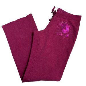 Vintage Express Tricot Fleece Pant Pink Wide Leg Pull On Sequin Logo 90s Y2K‎